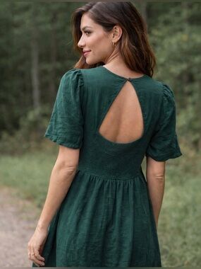 Old Navy Forest Green Smocked Mini Dress Puff Sleeve Keyhole Back